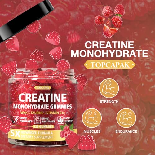 Image of Creatine Gummies for Men & Women - Chewable Creatine Gummy with Taurine & Vitamin B12, 5g Creatine Monohydrate per Serving, 120 Gummies - Raspberry Flavor, Raspberry-Shaped