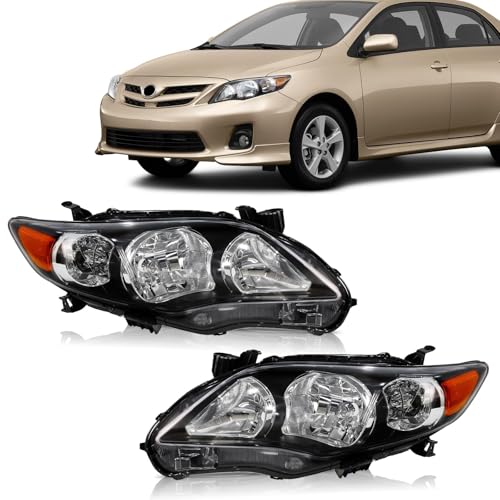 AUTOARIUM Halogen Headlights Assembly Compatible With 2011 2012 2013 Toyota Corolla Black Housing Clear Lens Headlamps Replacement Left & Right Pair