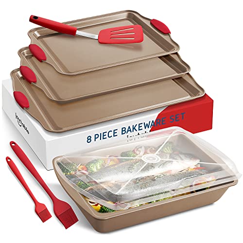 Baking Sheet Set, 8-Piece Cookie Sheet Set with Silicone Handles, Steel Baking Pan, Durable Baking Sheets for Oven, BPA Free Cookie Sheets for Baking Nonstick Set, Premium Sheet Pan, Brown Baking Tray