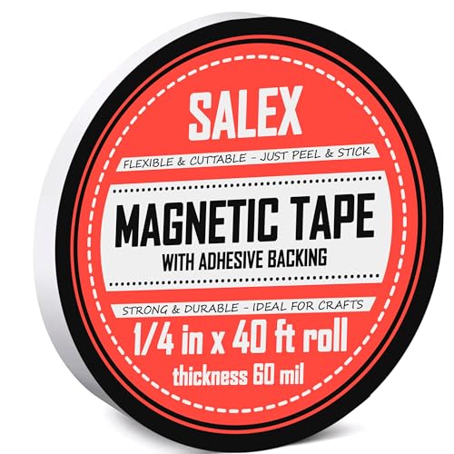 Magnetic Tape with Adhesive Backing 1/4 inch Wide - Thick 60 mil Magnet Tape Roll to Make Sticky Magnet Strips, Strong Squares, Dots, Flexible Sheets, Cutting Own Fridge Magnets, Crafts