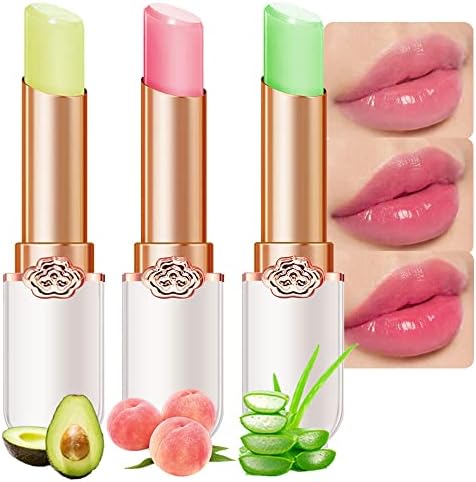evpct 3Pcs Aloe Vera Avocado Peach Tinted Lip Balms Tint Stain Lipstick for Women PH Color Changing Lipstick Balm Stain Gift Set Queen Girls Korean Mood Long Lasting Color Change Light Pink Lipsticks