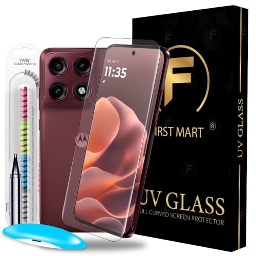 Image of FIRST MART UV Tempered Glass for Motorola Edge 70 Pro Plus With Cable Protector - 9H Full-Glue Curved Screen Guard, HD Clear, Fingerprint Compatible, Bubble-Free | Crystal Clear