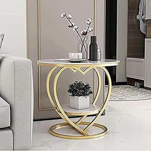 Image of Modern Round Side Table with Marble Finish Top & Metal Frame | Stylish Sofa Side Table with Bottom Shelf for Living Room, Bedroom & Office Decor (White Gold)