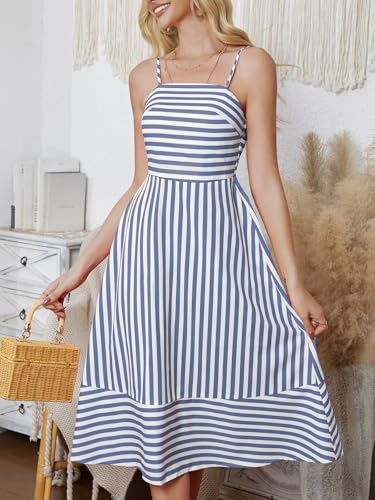 Image of Striped Sleeveless Midi Summer Dress for Women Spaghetti Strap Backless Smocked Swing Beach Dresses Royal Blue