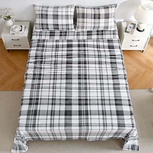 Image of Viviland Plush Microfleece Full Bed Sheet Set, Gray White Plaid | Soft Flannel-like Fleece, 100% Polyester, Fluffy Velvety Feel, 200GSM, 15 inch Deep Pocket, Warm Winter Gift & Decor