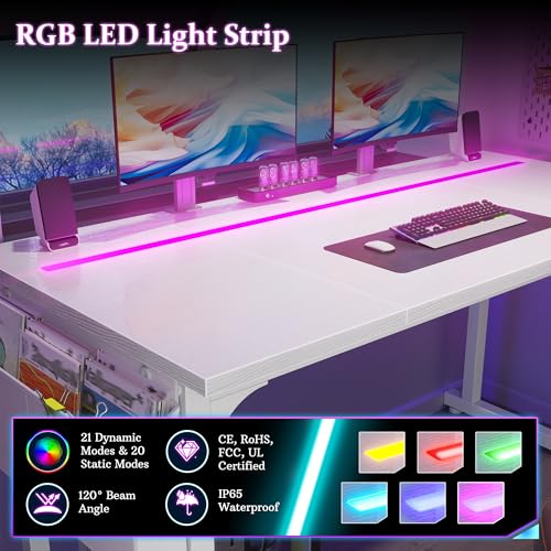 Image of DurayLoly 63 inch Office Desk with LED Lights,Computer White Desk with Storage Bag&Headphone Hook,Spacious Under-Desktop for Study Writing Work Gaming Desk,Sturdy Metal Frame,Bedroom,Rustic Brown