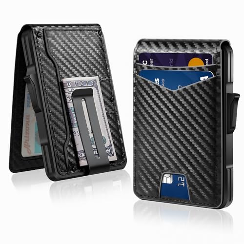 Minimalist Wallet for Men - Slim RFID Blocking Wallets Water-Proof Leather & Bifold Wallet with Money Clip | Holds 12+ Cards & ID Window | Premium Gift for Him (Gift Box Included) (Carbon Fiber)
