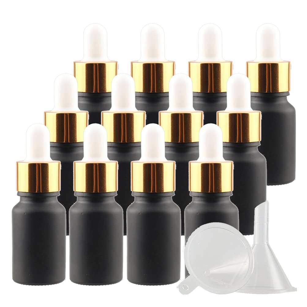 Opakowanie 24 butelek z zakraplaczem 10 ml z matowego czarnego szkła ze złotą metalową nasadką, idealne do olejków eterycznych, aromaterapii, mieszanek małych fiolek ze szklaną pipetą