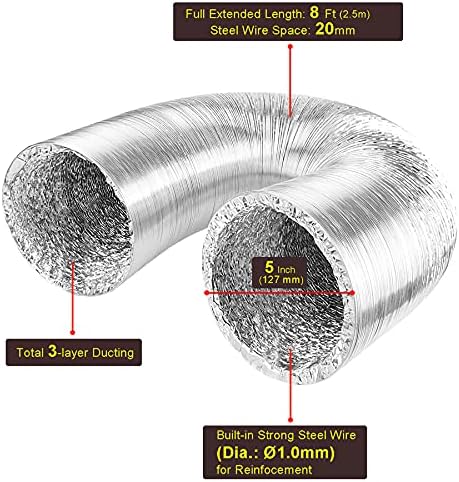 LOOTICH Rura elastyczna z aluminium, 127 mm średnicy, 2,5 m długości, wąż powietrza wylotowego, do wentylacji HVAC, w zestawie z 2 obejmami do węża ze stali nierdzewnej