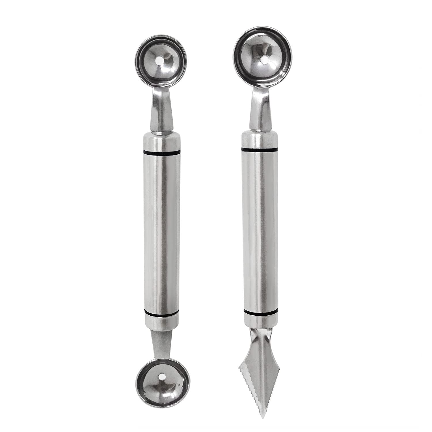 Honbay 2PCS Stainless Steel Double-Headed Melon Baller Scoop Fruit Carving Knife Dual-Purpose Cooking Spoon Kitchen Tools for Watermelon Cantaloupe Ice Cream Sorbet Dessert