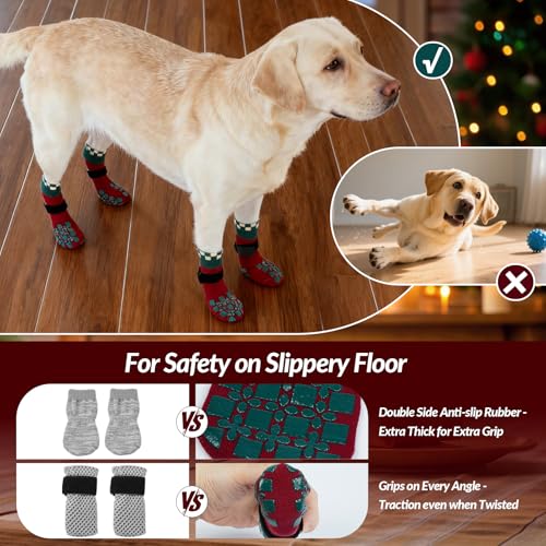 Image of ROZKITCH 2 Pairs Dog Paw Protectors, Christmas Gripper Socks for Hardwood Floors Paw Bandage Long Dog Socks Paw Wound Cover with Grips & Adjustable Straps Corgi, Schnauzer Christmas Red L