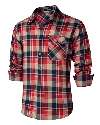 HISDERN Kariertes Hemd Herren Langarm Baumwollflanell Button Down Hemd Holzfällerhemd mit Tasche Regular Fit Rot L