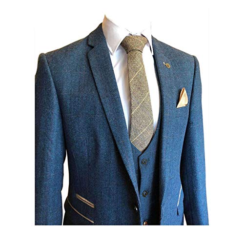 Classic 3 Pieces Vintage Blue Tweed Herringbone Wool Tailored Men Suits2