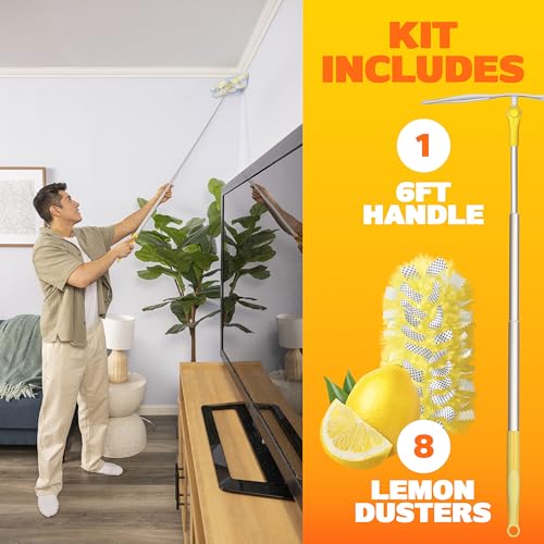 Image of Swiffer Duster Kit with 6 ft Super Extendable Handle, Heavy Duty Starter Kit with 8 Refills, Lemon Scent