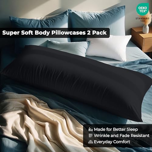 Image of ROYALE LINENS Body Pillow Cover - Double Brushed 1800 Microfiber - 20 inchx54 inch with Hidden Zipper Closure - Wrinkle & Fade Resistant - Super Soft Body Pillowcase 2 Pack (Black, Pack of 2)