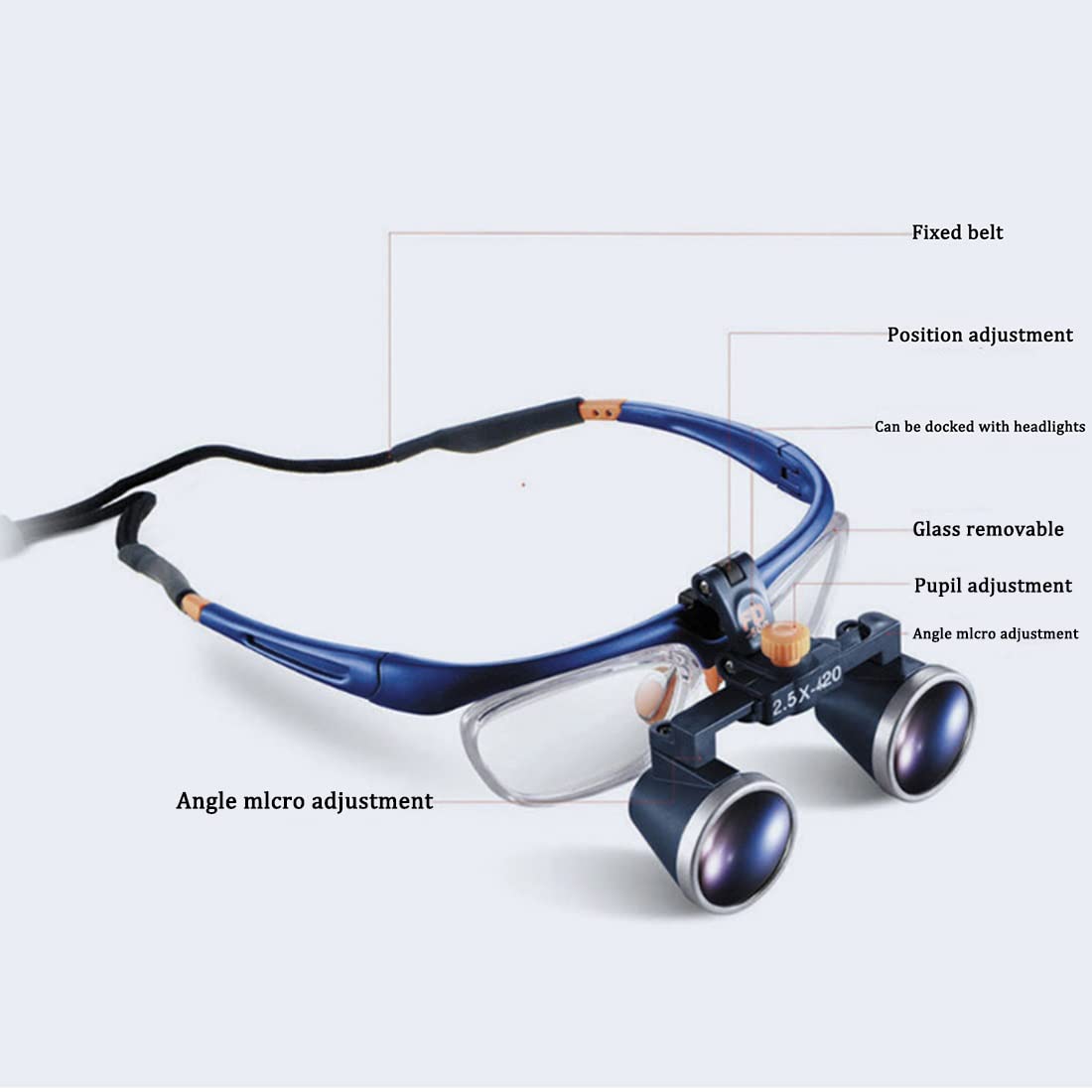 Lente d'ingrandimento dentale binoculare, lente d'ingrandimento per lampada frontale, ingrandimento dentale 2,5X 3,5X con luce, occhialini chirurgici per odontoiatria, chirurgia, gioielliere o hobby
