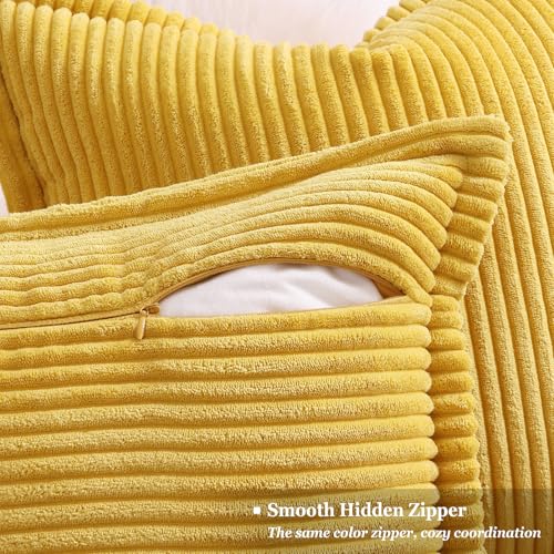 decorUhome Fall Corduroy Mustard Yellow Throw Pillow Covers 12x20 Set of 2 Decorative Soft Boho Striped Lumbar Neutral Euro Farmhouse Couch Pillow Cases with Broadside for Living Room Bed Sofa