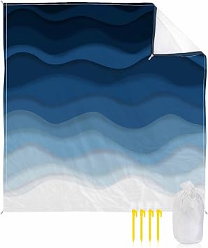 Abstract Beach Blanket Waterproof Sandproof, Blue White Beach Gradient Ocean Waves Beach Mat Quick Drying Outdoor Picnic Mat 108" x 84" for 1-6 Adults, Essentials for Travel Camping Hiking