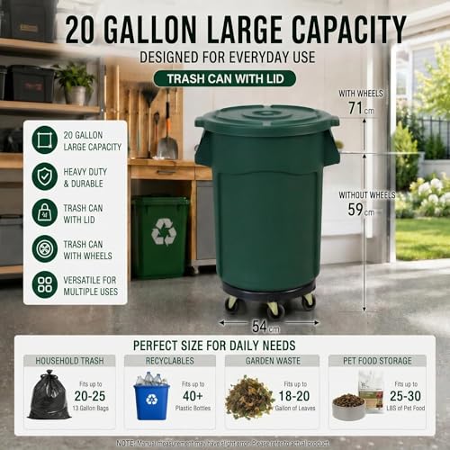 Image of 20 Gallon Outdoor Trash Can with Lid and Wheels, 1 Pack-Green | Garbage Can with 4 Wheels, Rolling Trash Can for Garage / Backyard / Kitchen / Patio / Office / Cafe / Warehouse