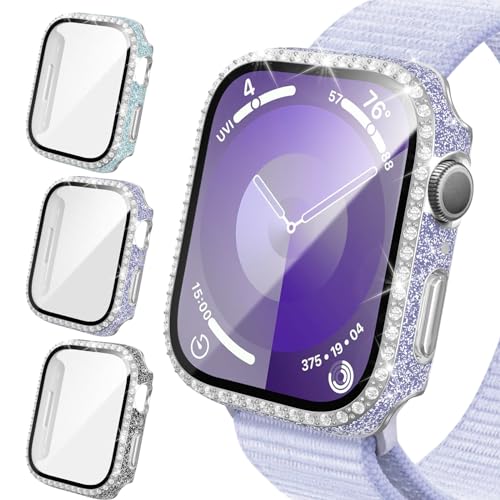 3 Pack Bling Case Compatible with Apple Watch 41mm Series 9 Series 8 Series 7, Glitter Diamond Rhinestone Hard PC Bumper Cover with Tempered Glass Screen Protector for iWatch 9 8 7 41mm Accessories