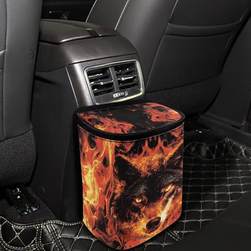 Image of Talayituse Wolf Fire Print Car Trash Can with Lid, Leak Proof Auto Trash Bag Hanging Vehicle Garbage Can Multipurpose Storage Container for Back Seat Road Trip