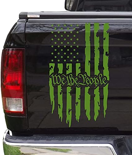 We The People Distressed American USA US Flag Truck Tailgate Vinyl Decal Preamble of The US Constitution Compatible with Most Pickup Trucks - Rear Car Sticker (11" x 20", Lime-Tree Green)