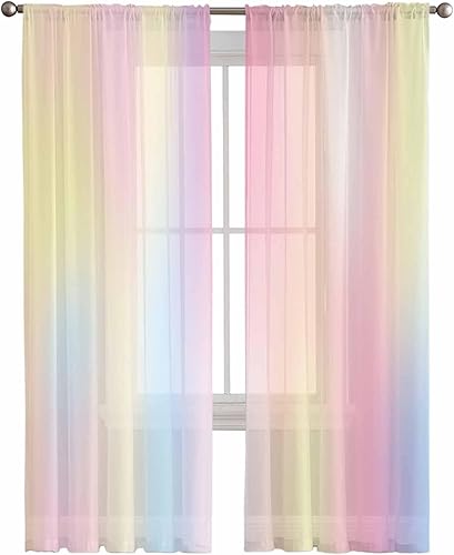 Chic D Voile Sheer Curtain Panels 63inch Length, Rainbow, Rod Pocket Semi Sheer 