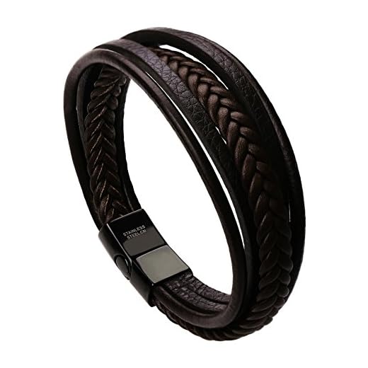 murtoo Pulsera Hombre Cuero Acero Inoxidable Cierre Magnética Negro Cuero Marrón Negro Trenzada Brazalete Marrón 20cm