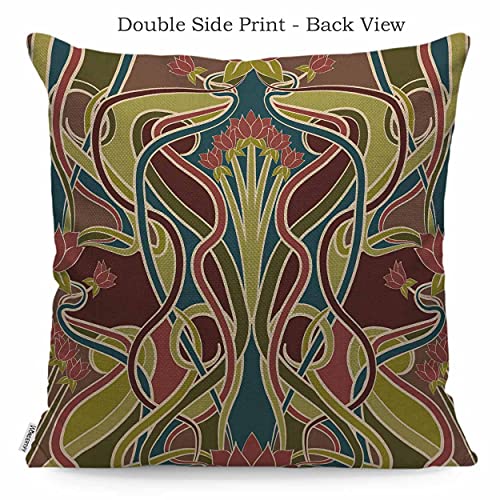 WONDERTIFY Nouveau Style Flower Cushion Cover New Geometric Design Arts Brown Green Pillowcases for Men Women, Pillow Cover Living Room Farmhouse 45X45 Cm