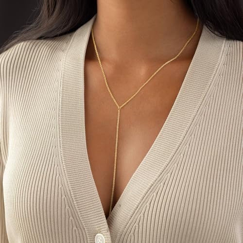 Gold and Silver Plated Layered Long Necklace for Women, Statement Y Body Chain, Sexy Dangle Drop Beach Boho Bolo Cleavage Necklace for Vacation or Prom2