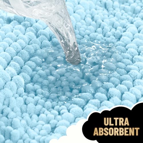 Image of OLANLY Thick Bathroom Runner Rugs 44x24, Extra Absorbent Chenille Striped Bath Rugs, Rubber Backing, Machine Wash Dry, Long Bath Mats for Bathroom, Tub and Shower, Home Decor Accessories, Sky Blue