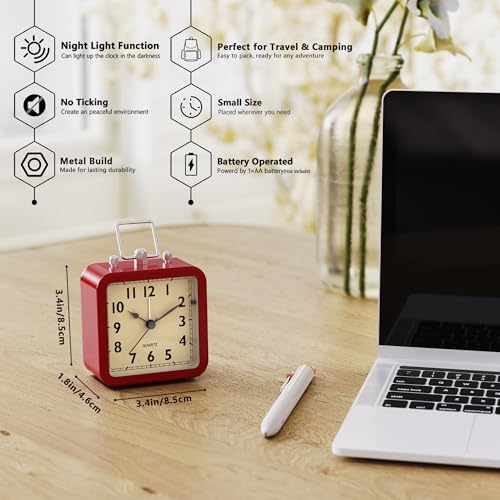 Image of AYRELY Small Metal Alarm Clock, Desk and Table Clock for Travel | Battery Operated Retro Silent Clock with Light for Bedroom, Bedside, Shelf and Living Room Decor (Matte Red)