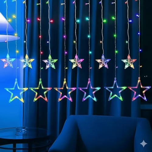 Image of Star Curtain LED Lights for Diwali Decoration | for Bedroom, Window, Balcony & Wall Decoration | 8 Mode Decorative String Lights for Home, Wedding & Party (Multicolor)