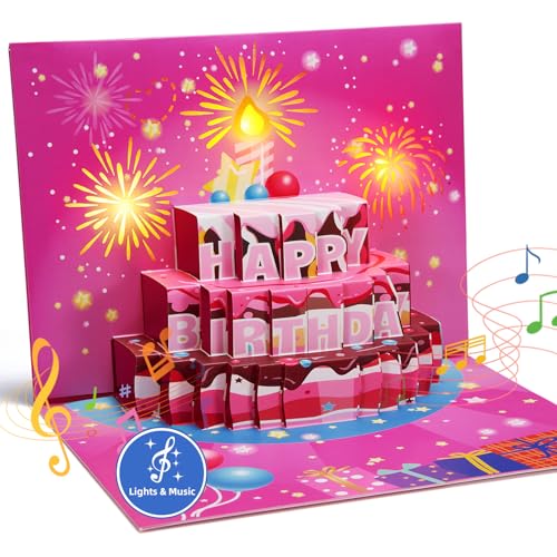 Carte d'anniversaire maman grand-mère gâteau pop-up 3D rose avec enveloppe de vœux