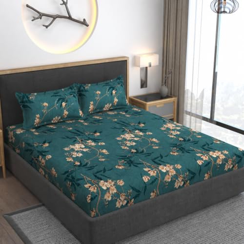 Image of Premium Heavy Cotton Elastic Fitted Bedsheets with 2 King Size Pillow Covers || Double Bed with All Around Elastic 350 TC || 72 x 78 x 10 Inch King Size Fitted || - Green Flower