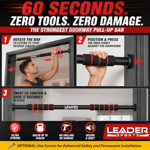 Image of Leader Sportz Pull Up Bar for Home for Kids & Adults [100 KG] | Doorway Chin Up Bar with Anti-Slip Grip & Safety Lock | No-Drill Adjustable Hanging Exercise Rod, Gym Equipment for Home Workout