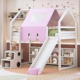Harper & Bright Designs Kids Twin Low Loft Bed with Slide and Storage Shelves, Wood Playhouse Loft Bed Frame with a Tent & Stairs, Twin Storage Bed for Kids Boys Girls,White+Pink