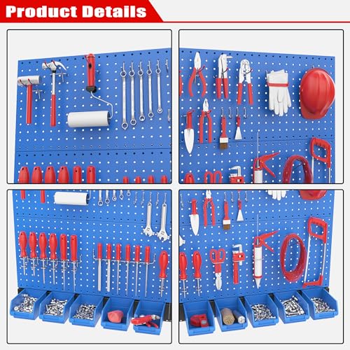 Image of Ultrawall Pegboard Wall Organizer, Blue Metal Peg board Panels, Garage Storage System with Hooks and Storage Bins, 59pcs