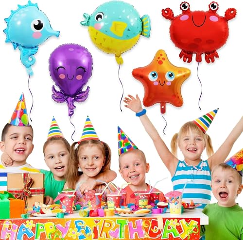 Image of Atpata Funky 5pcs Aquatic Theme Foil Balloons Set - Starfish, Seahorse, Octopus, Crab, and Fish Shapes - For Underwater Ocean Party Decorations for unisex Kids Birthday Celebrations
