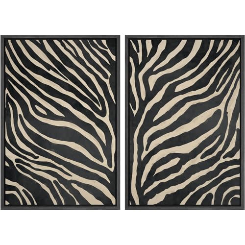 SIGNFORD Framed Canvas Print Wall Art Set Abstract Black and Ivory Zebra Pattern Modern Abstract Illustration Modern Art Decorative Nature for Living Room, Bedroom, Office - 16"x24"x2 BLACK