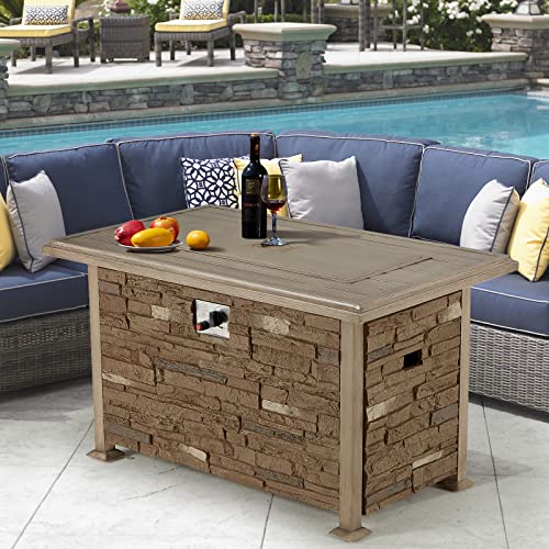 Vicluke 44 Inch Aluminum Propane Fire Pit Table W/ Faux Ledgestone, Hand-Painted Table Top, 50,000 Btu Fire Table W/ Csa Certification,Waterproof Cover,Glass Rock For Outdoor,Patio,Christmas (Coffee) #TOP5
