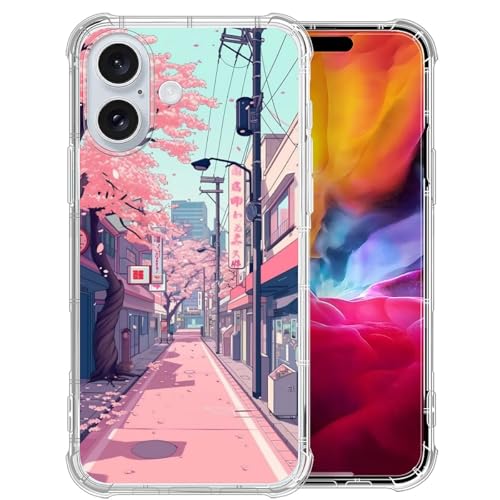 Case for iPhone 16,Japanese Korean Landscape Pink Cherry Blossoms Clear Case Pattern Cute Cover Case...