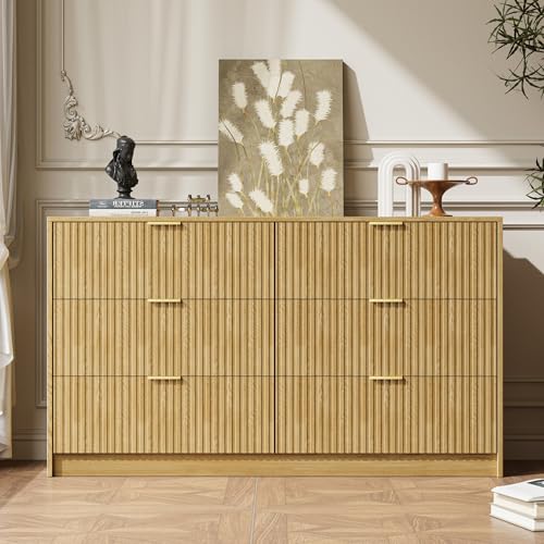 Image of MAISONARIA 6 Drawer Dresser for Bedroom, 55 inch Wide Modern Chest of Drawers with Gold Metal Handles, Fluted Wood TV Stand for Living Room, Hallway, Natural