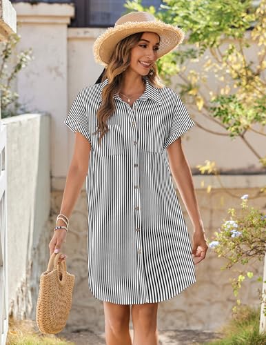 Image of Zeagoo Summer Dresses for Women 2025 Cotton Button Down Short Sleeve Tshirt Dresses Casual Mini Beach Dress