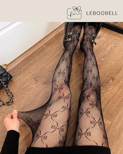 Womens Sexy Fishnets Stockings Ribbon Bow Pantyhose Bow Pattern Tights, One Size(US S-M), Casual & Party3