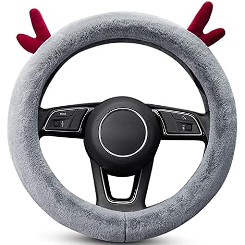 XuanMax Lovely Car Steering Wheel Covers with Deer Ears 38cm Winter Plush Fluffy Soft Warm Steering Wheel Protector 15 Inches - Grey Cover