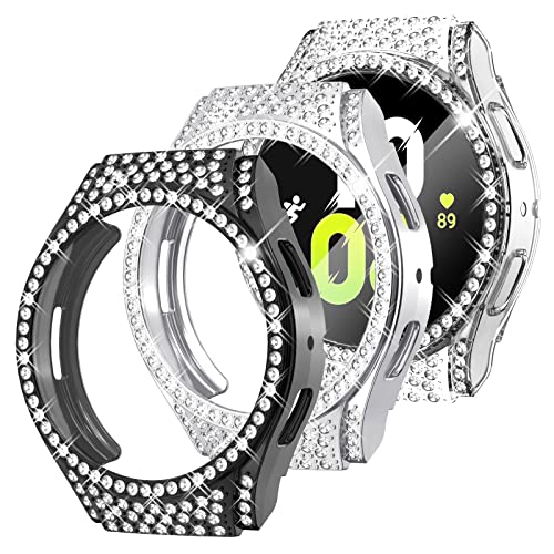 Surace Soft TPU Case for Galaxy Watch 5 & Galaxy Watch 4 40mm Screen Protector Case, Bling Crystal Diamond Protective Bumper for Samsung Galaxy Watch 4 5 40mm (3 Packs, Silver/Black/Clear)