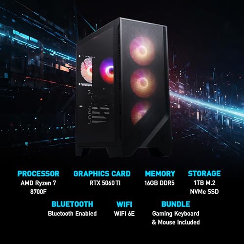Image of msi Codex Z2 Gaming Desktop: AMD Ryzen R7-8700F, NVIDIA GeForce RTX 5060Ti, 16GB DDR5, 1TB M.2 NVMe SSD, USB Type-C, VR-Ready, Windows 11 Home: A8NVM-671US