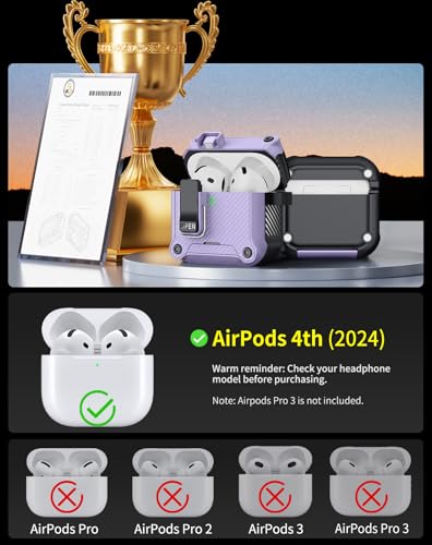Image of Pohgelan for AirPods 4 Case with Safety Lock-Purple | Carbon Fiber Texture Cover,Magnetic Automatic Lock with Cleaning Kit&Keychain,Compatible with Magsafe