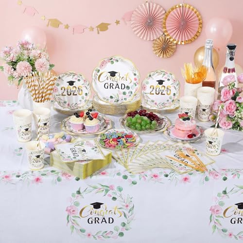 Image of Funnymoom 452 Pcs Class of 2026 Pink Floral Graduation Decoration Party Supply for 50, Pink Gold Congrats Grad Paper Plates Napkins Cup Tablecloth Cutlery Straw for Freshly Graduated Decoration